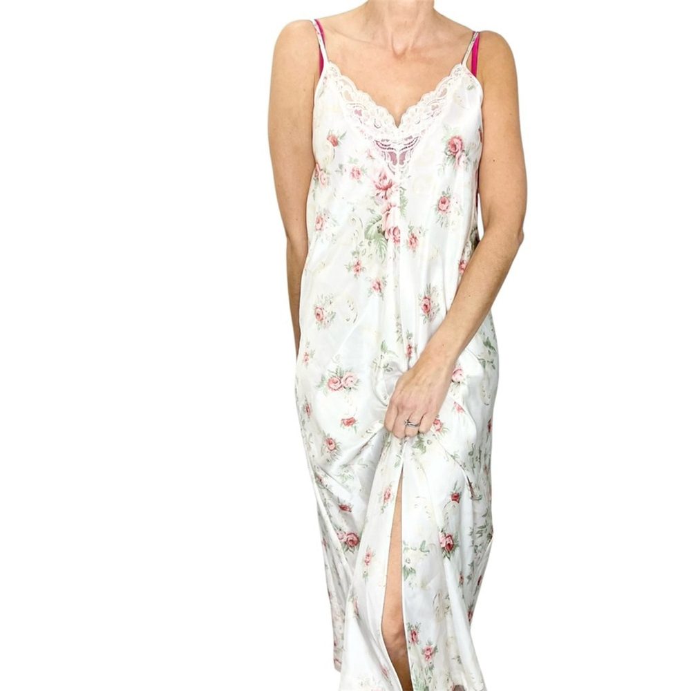 Vintage 80s 90s Linda x Eaton white pink floral satin low back midi slip dress S